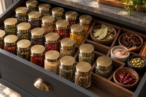 Çekmecede düzenli saklanan baharat kavanozları