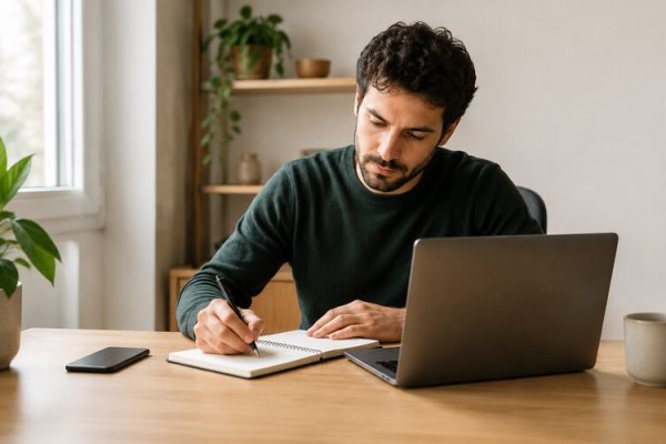 Evde çalışan kişinin odaklanmış çalışma ortamı