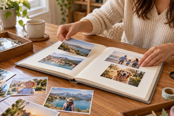 Evde fotoğraf albümü hazırlayan kişi