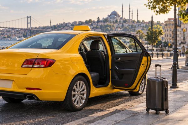 Açık yolcu kapısıyla bekleyen sarı taksi ve kaldırımdaki valiz