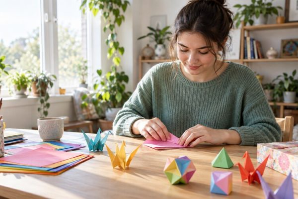 Evde origami katlayan kişi ve renkli kağıt figürler