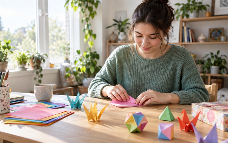 Evde origami katlayan kişi ve renkli kağıt figürler